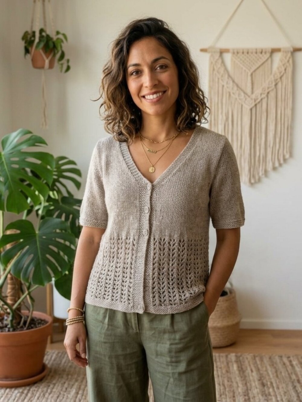 Hand Knit Spring Sweater Top Sz S-M Oatmeal Earthy Tones Granola Boho